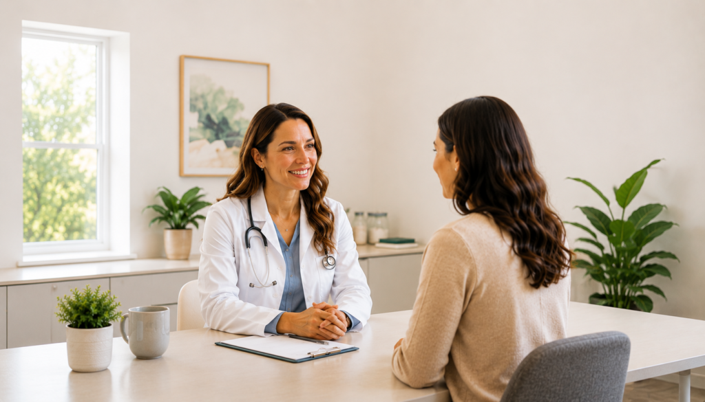 Female doctor in a white coat with a stethoscope consults a patient at a bright clinic desk.